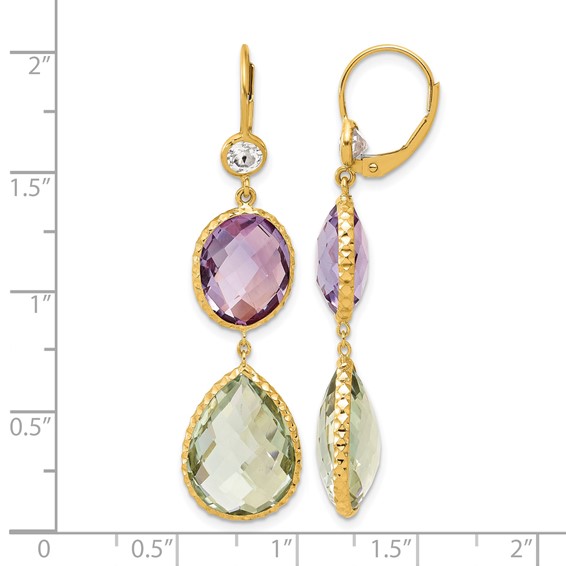 Herco 14K Polished and Textured Fancy White Topaz with Pink and Green Quartz Leverback Dangle Earrings