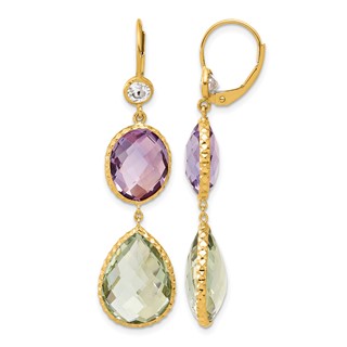 Herco 14K Polished and Textured Fancy White Topaz with Pink and Green Quartz Leverback Dangle Earrings