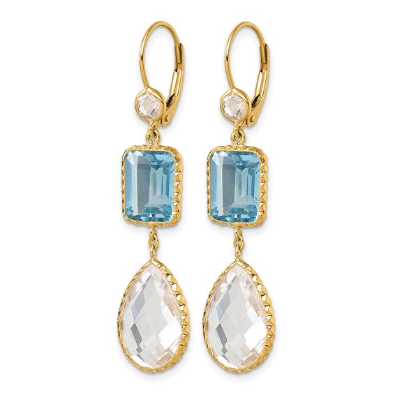 Herco 14K Polished and Textured Blue and White Topaz with Crystal Leverback Dangle Earrings