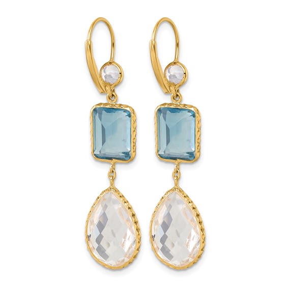 Herco 14K Polished and Textured Blue and White Topaz with Crystal Leverback Dangle Earrings