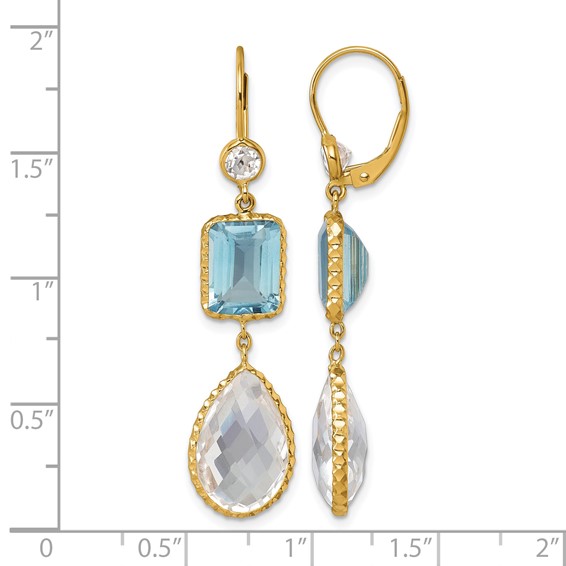 Herco 14K Polished and Textured Blue and White Topaz with Crystal Leverback Dangle Earrings