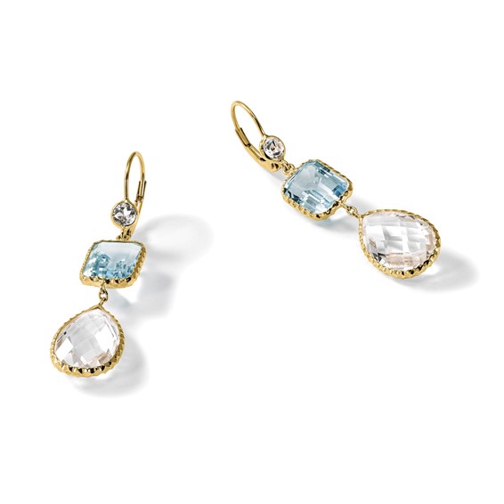 Herco 14K Polished and Textured Blue and White Topaz with Crystal Leverback Dangle Earrings