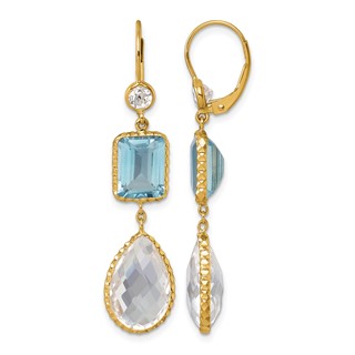 Herco 14K Polished and Textured Blue and White Topaz with Crystal Leverback Dangle Earrings
