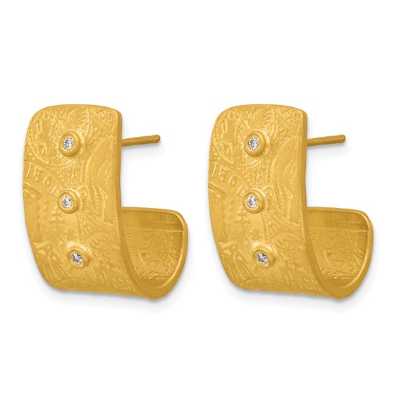 Herco 18K Solid Satin Textured Diamond Coin Design Post J-Hoop Earrings