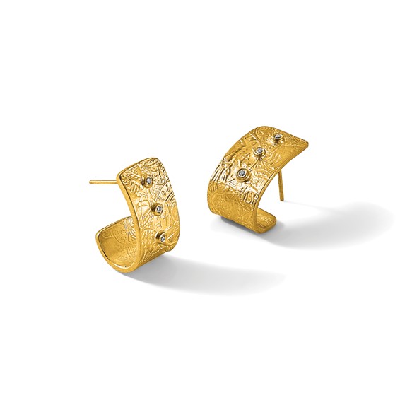 Herco 18K Solid Satin Textured Diamond Coin Design Post J-Hoop Earrings