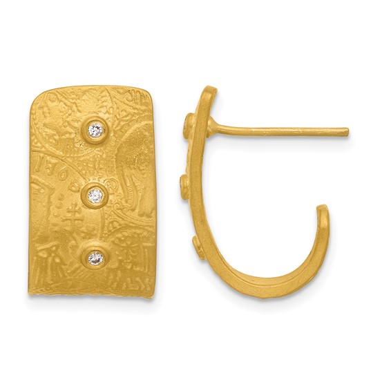 Herco 18K Solid Satin Textured Diamond Coin Design Post J-Hoop Earrings