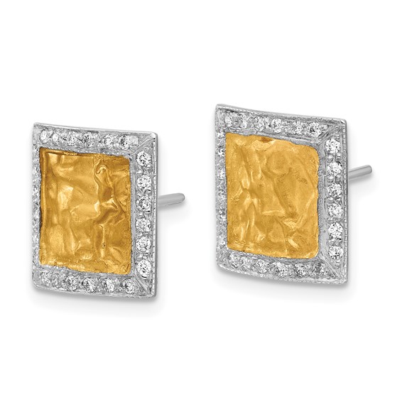 Herco 18K Two-tone with 24k Accent  Polished and Satin Textured Diamond Square Post Earrings