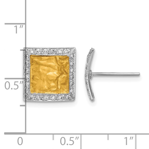 Herco 18K Two-tone with 24k Accent  Polished and Satin Textured Diamond Square Post Earrings