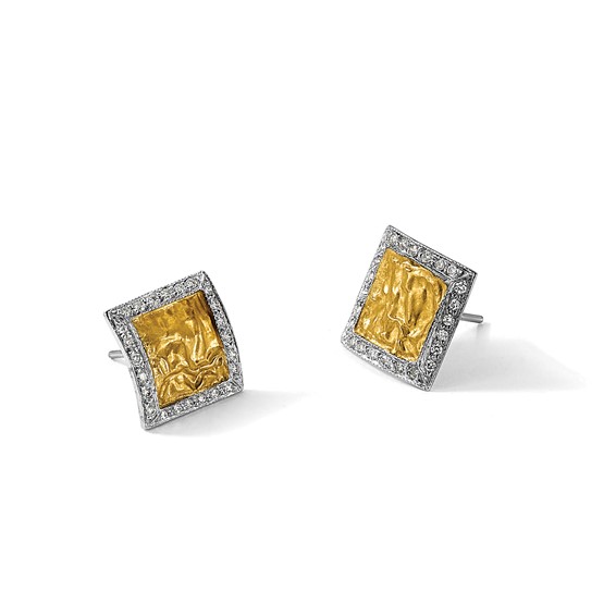 Herco 18K Two-tone with 24k Accent  Polished and Satin Textured Diamond Square Post Earrings