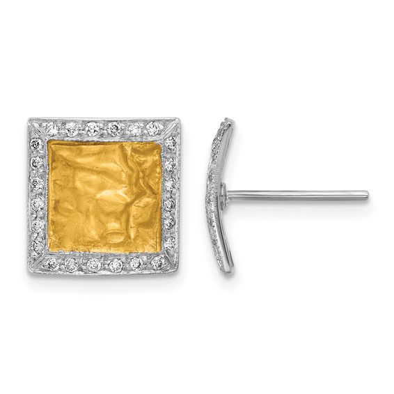 Herco 18K Two-tone with 24k Accent  Polished and Satin Textured Diamond Square Post Earrings