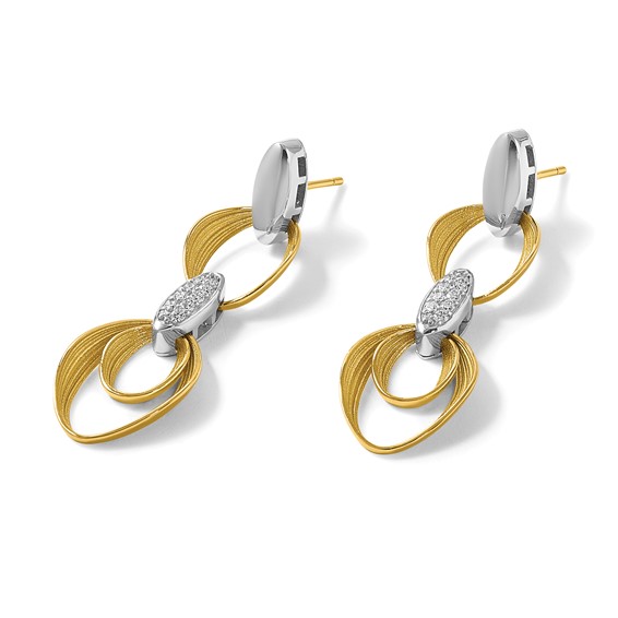 Herco 18K Two-tone Textured Link with Diamonds Post Dangle Earrings