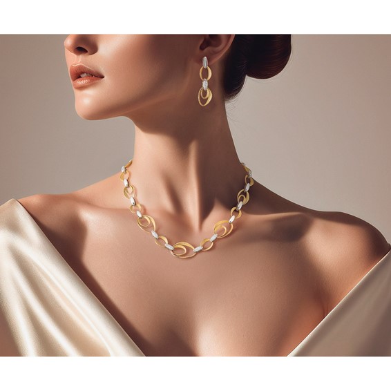 Herco 18K Two-tone Textured Link with Diamonds Post Dangle Earrings