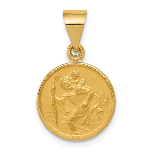 18K Yellow Gold Polished and Satin Saint Christopher Medal Round Pendant