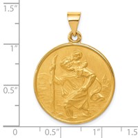 18K Yellow Gold Polished and Satin Solid Large Saint Christopher Medal Round Pendant view 4