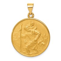 18K Yellow Gold Polished and Satin Solid Large Saint Christopher Medal Round Pendant view 1