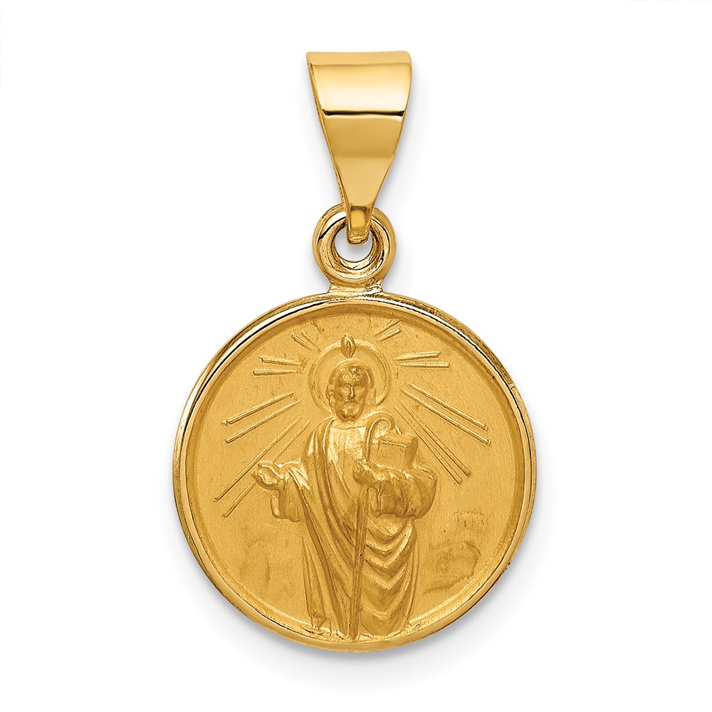 18K Yellow Gold Polished and Satin Solid Saint Jude Thaddeus Medal Round Pendant