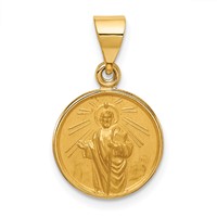18K Yellow Gold Polished and Satin Solid Saint Jude Thaddeus Medal Round Pendant view 1
