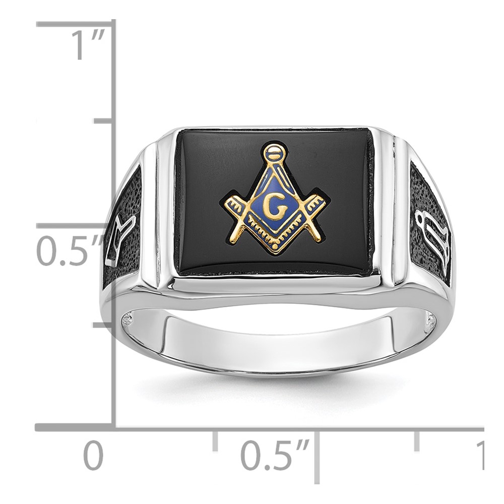 10k White Gold Men's Polished and Textured with Black Enamel and Onyx Masonic Ring (1Y4108WM)