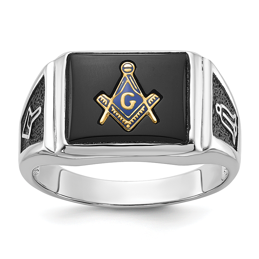 10k White Gold Men's Polished and Textured with Black Enamel and Onyx Masonic Ring (1Y4108WM)