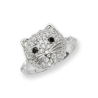 Sterling Silver Rhodium-plated Black and White CZ Cat Face Ring
