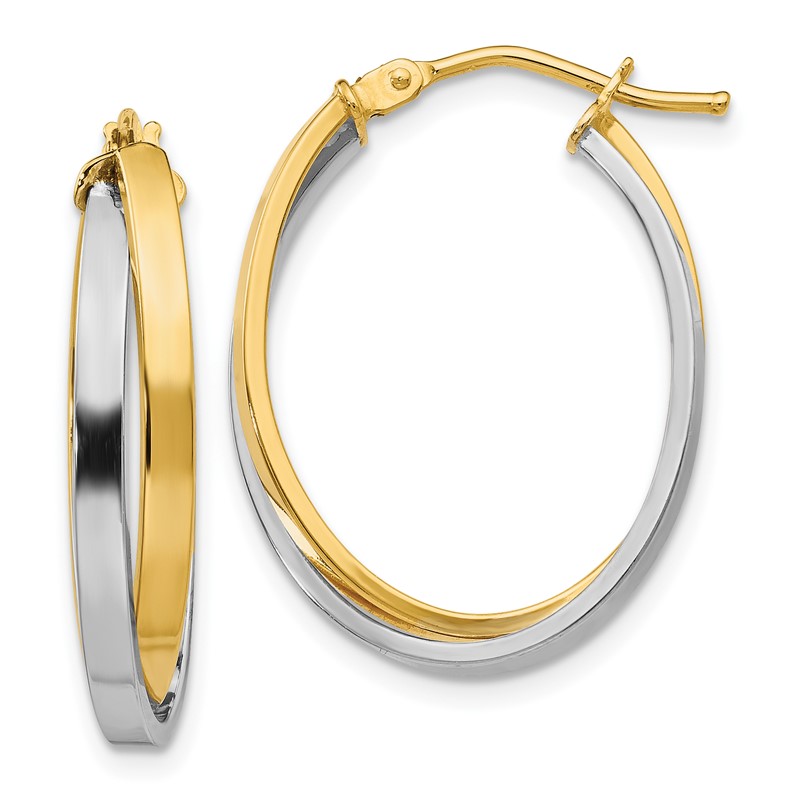 14K with Rhodium Polished Hinged Hoop Earrings