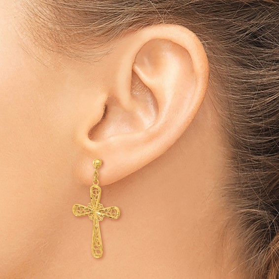 Herco 24K Polished Filigree Cross with Au900 Back and Post Dangle Earrings