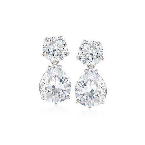 Sterling Silver Rhodium-plated Post Round & Pear Dangle CZ Earrings