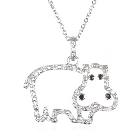 Sterling Silver Rhodium-plated Polished Enameled CZ Hippopotamus 16 Inch with 2 Inch Extension Necklace