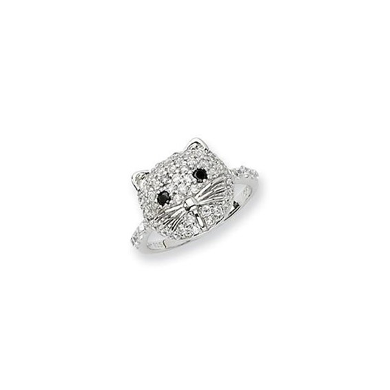 Sterling Silver Rhodium-plated Black and White CZ Cat Face Ring