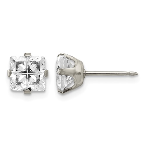 Inverness Stainless Steel 7mm Faceted Square CZ Post Piercing Earrings