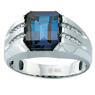 18k Men's White Gold Created Sapphire and 1/5ct tw Lab Grown VS/SI+ G+ Dia