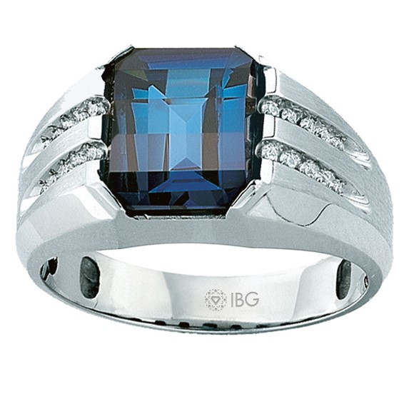 18k Men's White Gold Created Sapphire and 1/5ct tw Lab Grown VS/SI+ G+ Dia