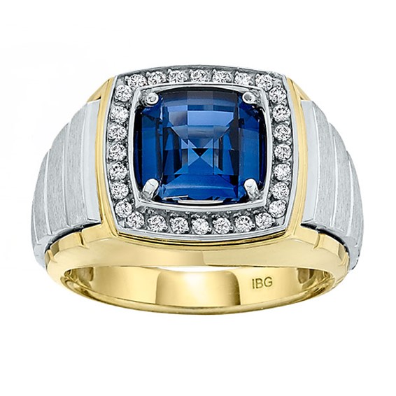 Men's 10K Two-tone 1/4ct tw Diamond and Checkerboard Created Sapphire Ring