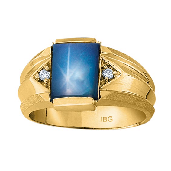 Men's Yellow Gold Created Blue Star Sapphire and Diamond Accent Ring .06ct