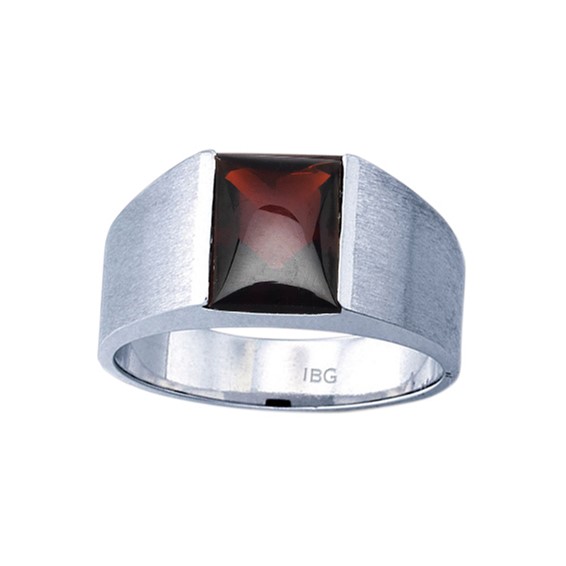 Men's White Gold Garnet Ring with Soft Satin Finish