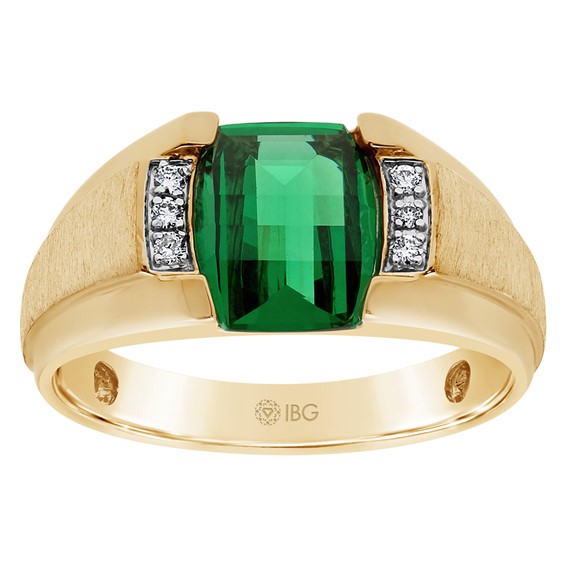 Men's White Gold Created Emerald and Diamond Accent Ring with Satin Finish