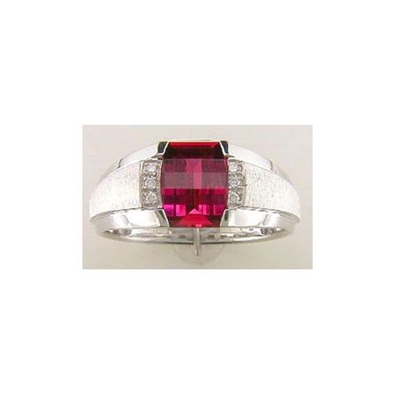 Men's White Gold Created Ruby and Diamond Accent Ring with Satin Finish
