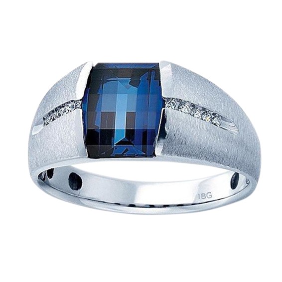 Men's White Gold Created Sapphire and Diamond Ring 1/10ct TDW