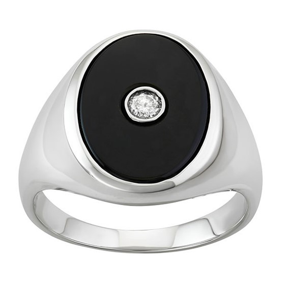 10k Men's Yellow Gold Diamond Solitaire and Oval Onyx Ring 1/10ct