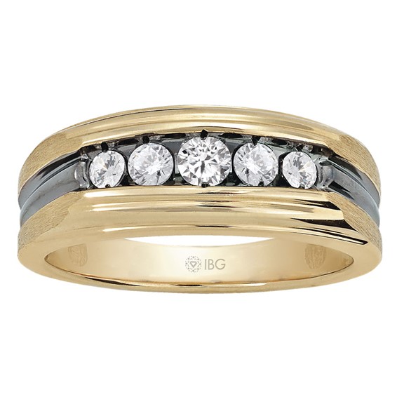 IBGoodman 10k with Black Rhodium Men's Polished Satin and Grooved 5-Stone 1/2 Carat A Quality Diamond Ring