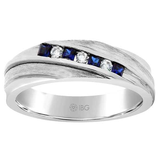 14k White Gold Gents Diamond and Created Blue Sapphire Ring