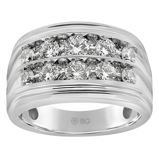 IBGoodman 14k White Gold Men's Polished and Grooved 2-Row 2 Carat AA Quality Diamond Ring