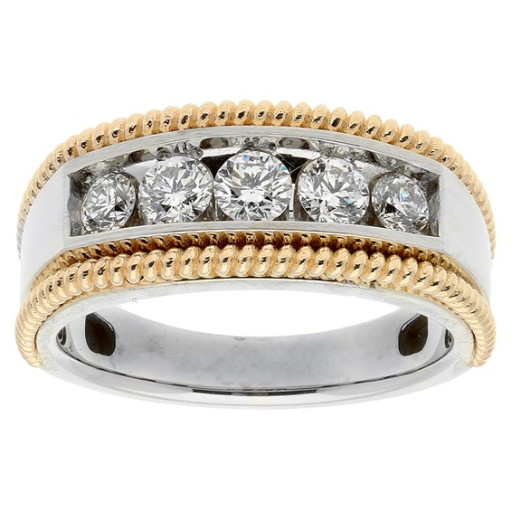 IBGoodman 14k Two-tone Men's Polished Satin and Textured 5-Stone 1 Carat A Quality Diamond Ring
