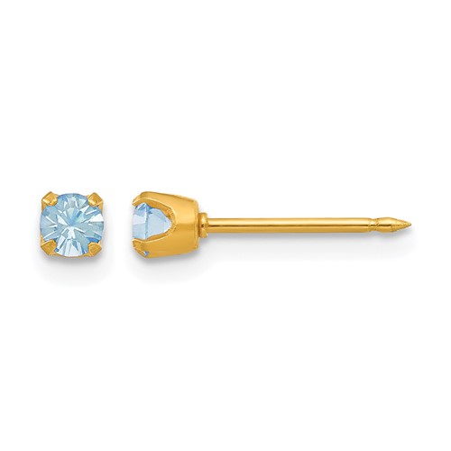 Inverness 14K Yellow Gold 3mm March Aqua Crystal Birthstone Post Piercing Earrings