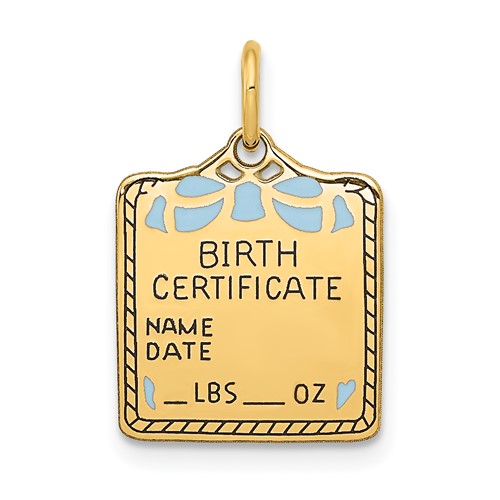 14K Yellow Gold Enameled Blue Engravable Birth Certificate Charm