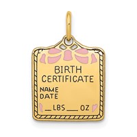 14K Yellow Gold Enameled Pink Engravable Birth Certificate Charm view 1