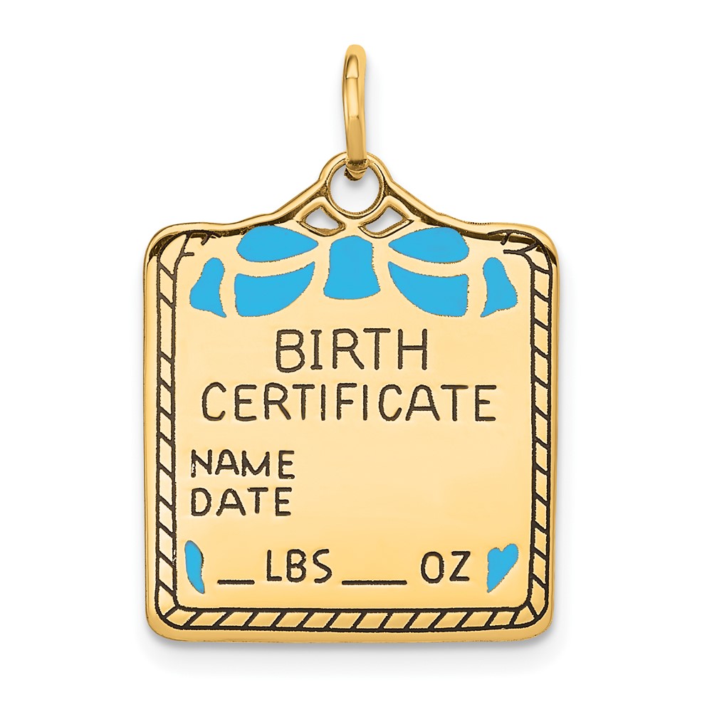 14K Yellow Gold Enameled Blue Engravable Birth Certificate Charm
