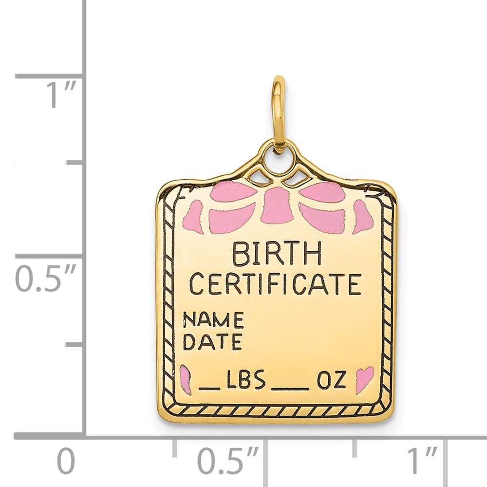 14k Enameled Pink Engravable Birth Certificate Charm (A0364/P)