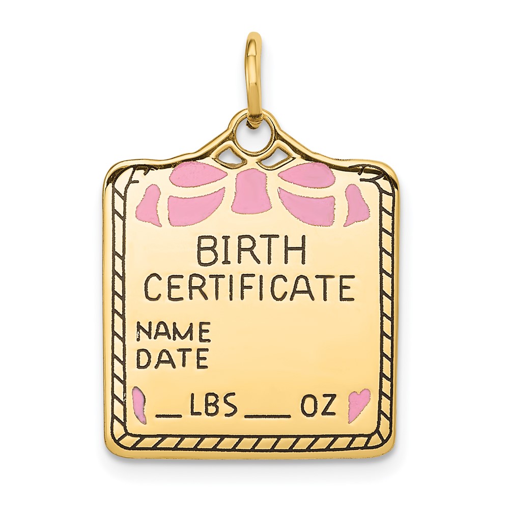 14k Enameled Pink Engravable Birth Certificate Charm (A0364/P)