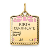 14K Yellow Gold Enameled Pink Engravable Birth Certificate Charm view 1